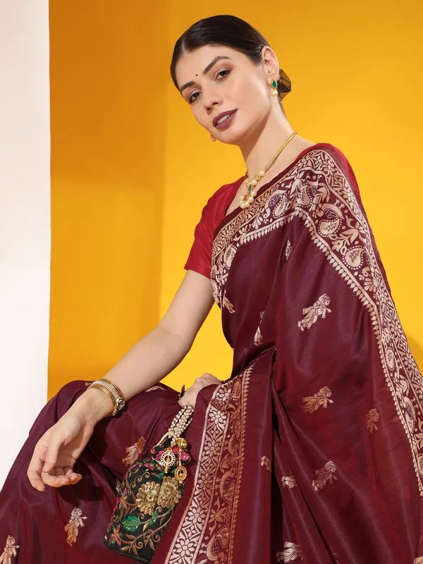 Wine_Color_Party_Wear_Designer_Soft_Raw_Silk_Saree_Default_Title