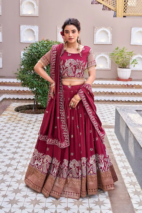 Maroon_Pure_Vichitra_Silk_Embroidery_Sequence_Lehenga_Choli_With_Dupatta