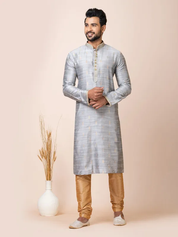 Grey_Color_Festive_Wear_Cotton_Jacquard_Kurta_Set
