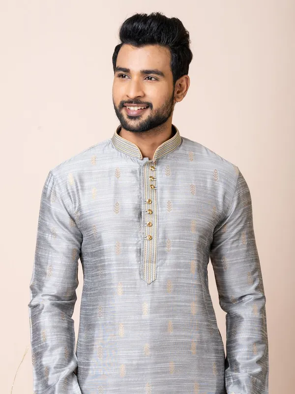 Grey_Color_Festive_Wear_Cotton_Jacquard_Kurta_Set