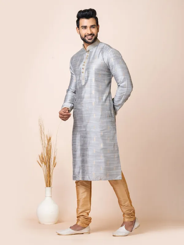 Grey_Color_Festive_Wear_Cotton_Jacquard_Kurta_Set