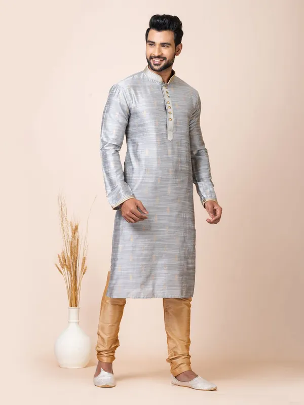 Grey_Color_Festive_Wear_Cotton_Jacquard_Kurta_Set
