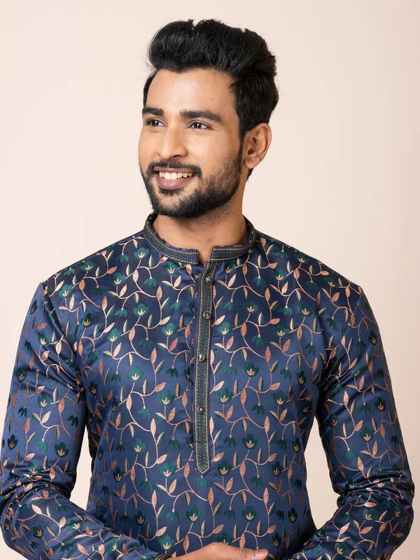Navy_Blue_Color_Traditional_Cotton_Jacquard_Kurta_Set