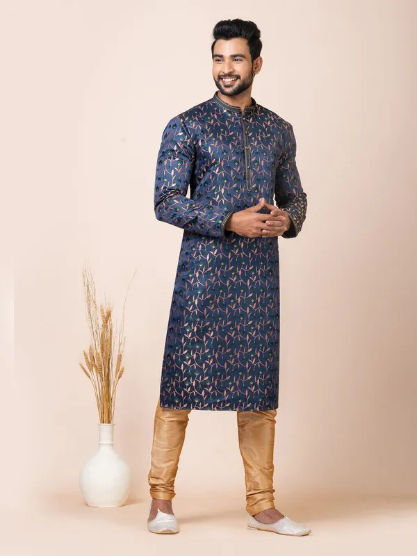 Navy_Blue_Color_Traditional_Cotton_Jacquard_Kurta_Set