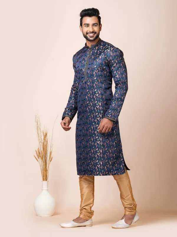 Navy_Blue_Color_Traditional_Cotton_Jacquard_Kurta_Set