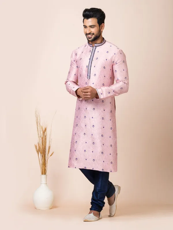 Peach_Pink_Color_Festive_Wear_Cotton_Jacquard_Kurta_Set