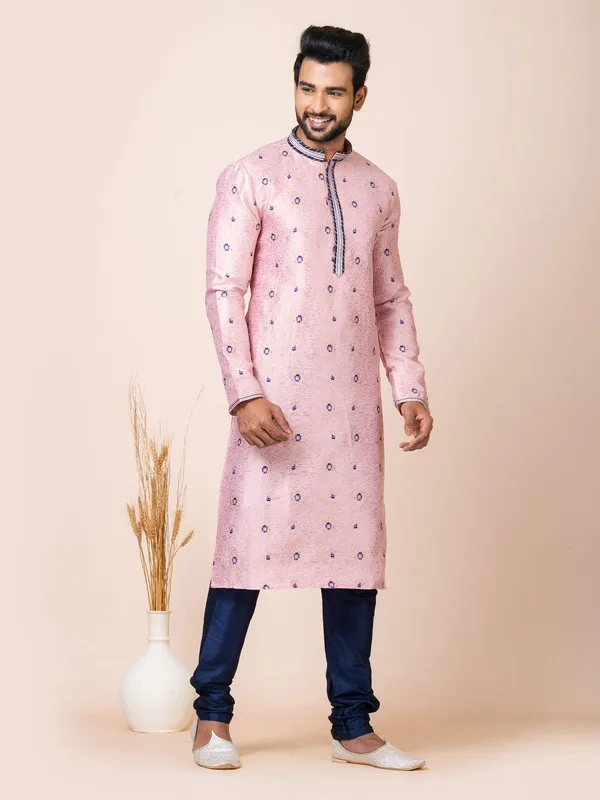 Peach_Pink_Color_Festive_Wear_Cotton_Jacquard_Kurta_Set