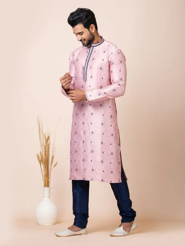 Peach_Pink_Color_Festive_Wear_Cotton_Jacquard_Kurta_Set