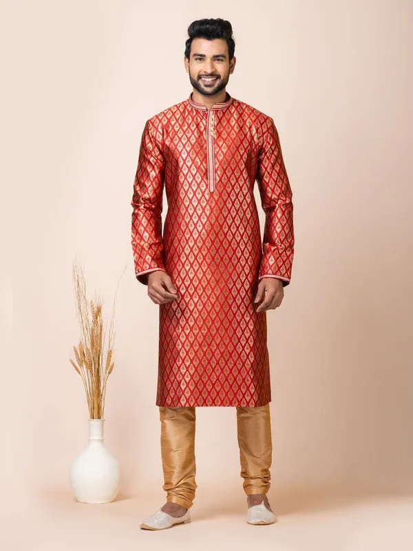 Red_Color_Traditional_Cotton_Jacquard_Kurta_Set