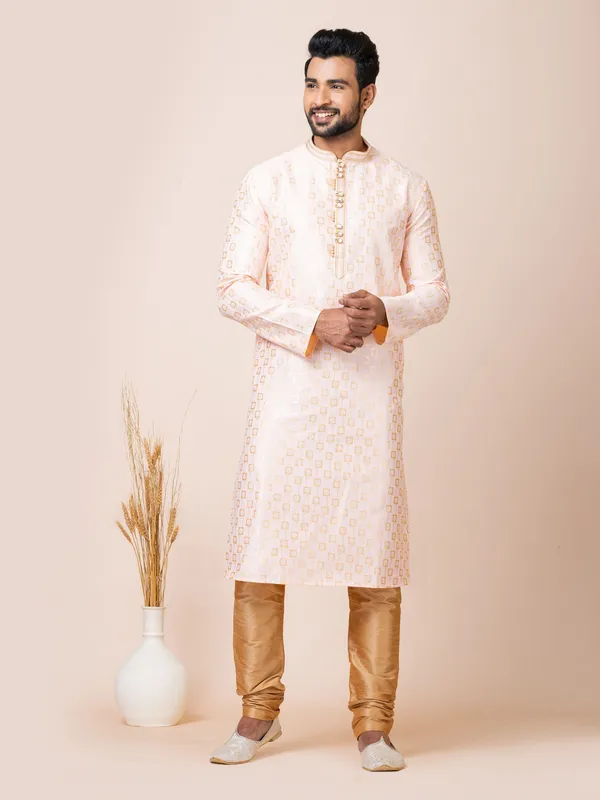 Peach_Color_Designer_Cotton_Jacquard_Kurta_Set