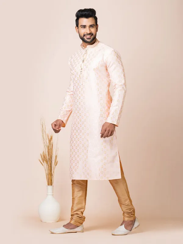 Peach_Color_Designer_Cotton_Jacquard_Kurta_Set