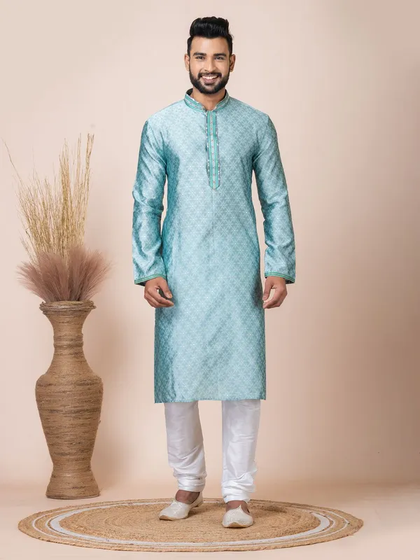 Sea_Green_Color_Occasion_Wear_Designer_Silk_Kurta_Pyjama_Set