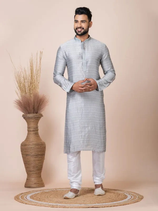Grey_Color_Party_Wear_Designer_Silk_Kurta_Pyjama_Set