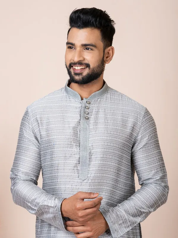 Grey_Color_Party_Wear_Designer_Silk_Kurta_Pyjama_Set