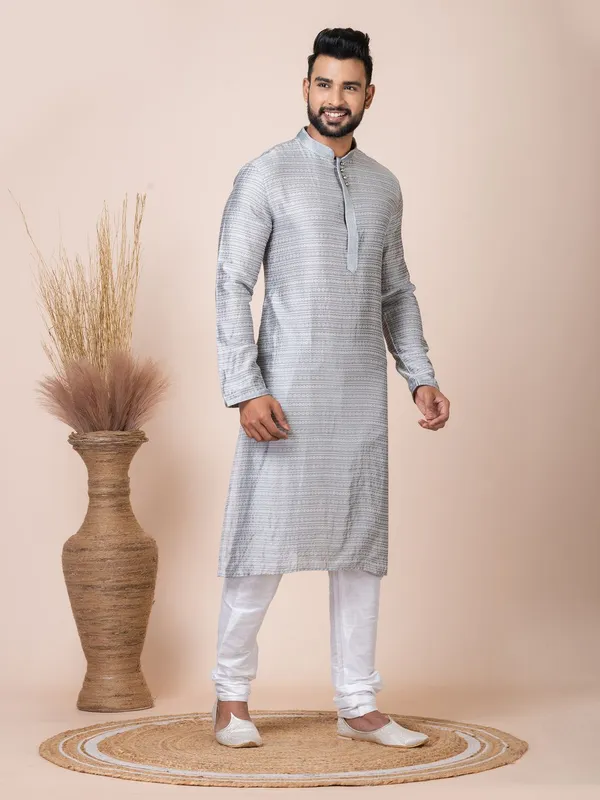 Grey_Color_Party_Wear_Designer_Silk_Kurta_Pyjama_Set