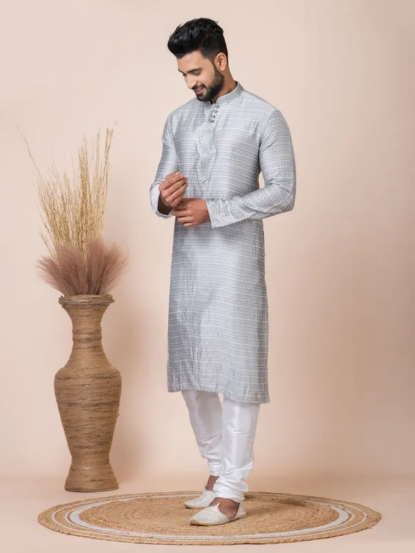 Grey_Color_Party_Wear_Designer_Silk_Kurta_Pyjama_Set