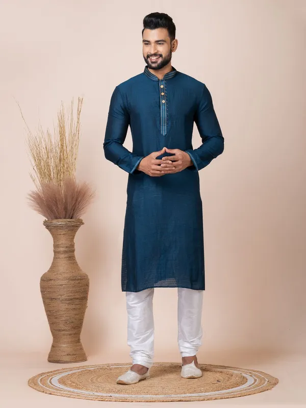 Dark_Blue_Color_Traditional_Wear_Self_Jacquard_Silk_Kurta_Pyjama_Set