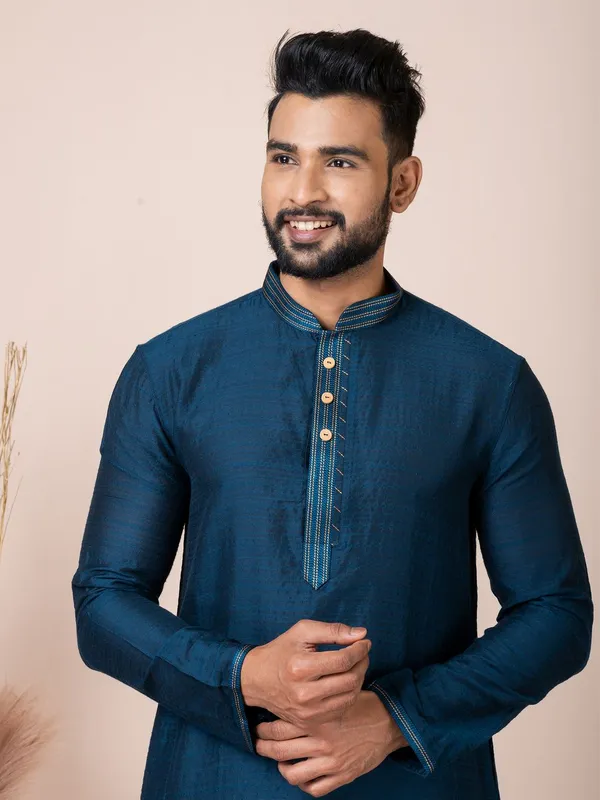 Dark_Blue_Color_Traditional_Wear_Self_Jacquard_Silk_Kurta_Pyjama_Set