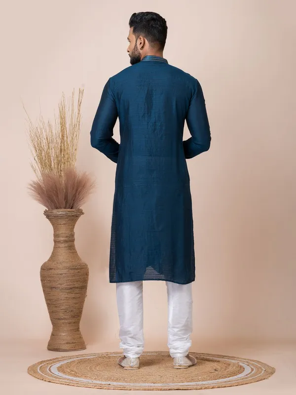 Dark_Blue_Color_Traditional_Wear_Self_Jacquard_Silk_Kurta_Pyjama_Set