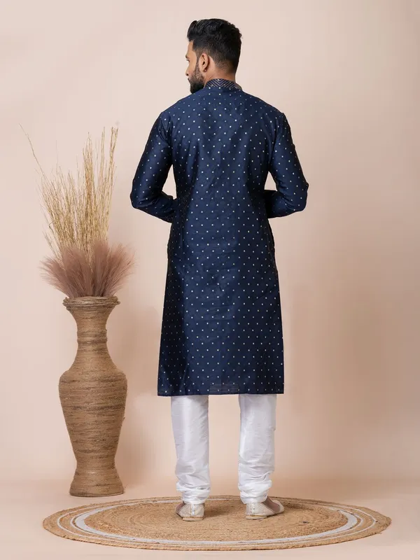 Navy_Blue_Color_Classic_Self_Jacquard_Silk_Kurta_Pyjama_Set