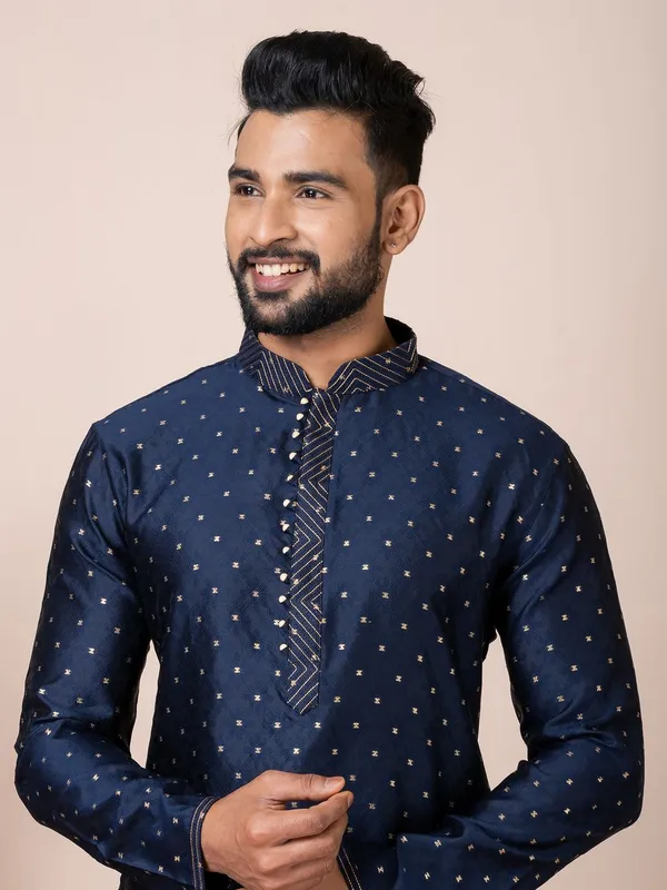 Navy_Blue_Color_Classic_Self_Jacquard_Silk_Kurta_Pyjama_Set