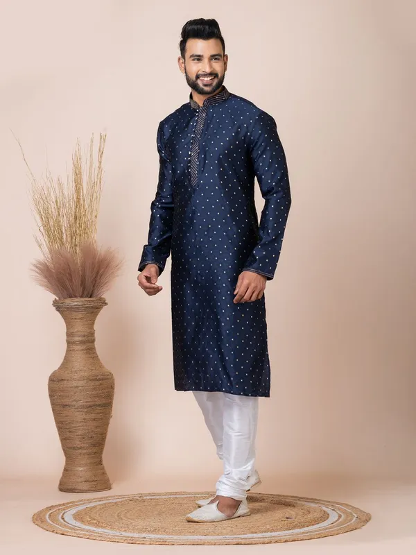 Navy_Blue_Color_Classic_Self_Jacquard_Silk_Kurta_Pyjama_Set
