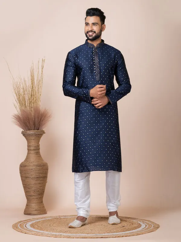 Navy_Blue_Color_Classic_Self_Jacquard_Silk_Kurta_Pyjama_Set