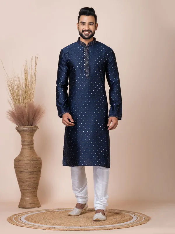 Navy_Blue_Color_Classic_Self_Jacquard_Silk_Kurta_Pyjama_Set