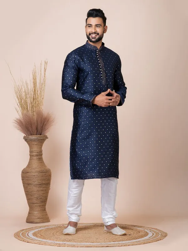 Navy_Blue_Color_Classic_Self_Jacquard_Silk_Kurta_Pyjama_Set