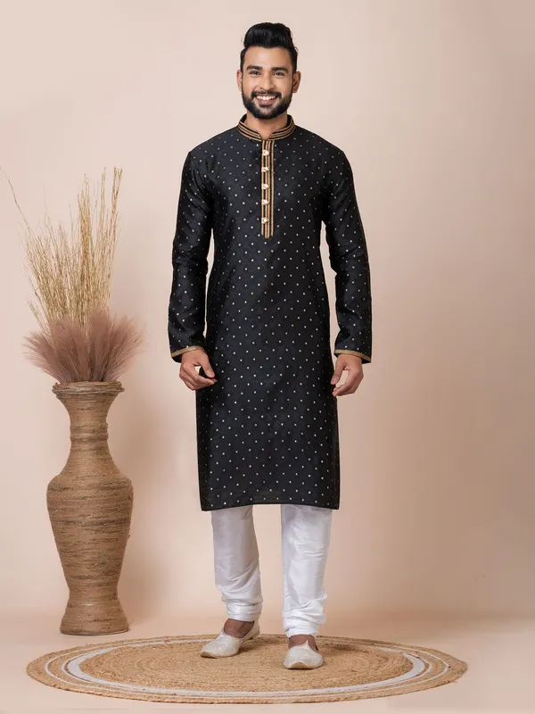 Black_Color_Classic_Self_Jacquard_Silk_Kurta_Pyjama_Set