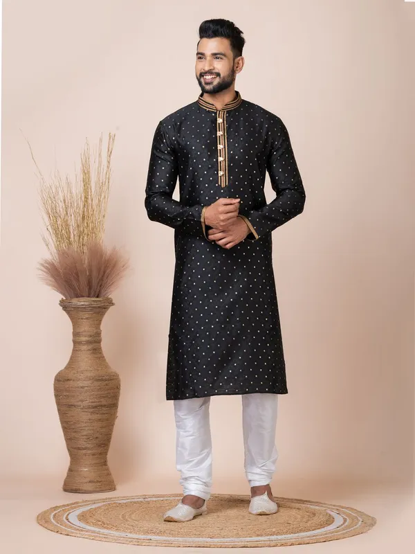Black_Color_Classic_Self_Jacquard_Silk_Kurta_Pyjama_Set