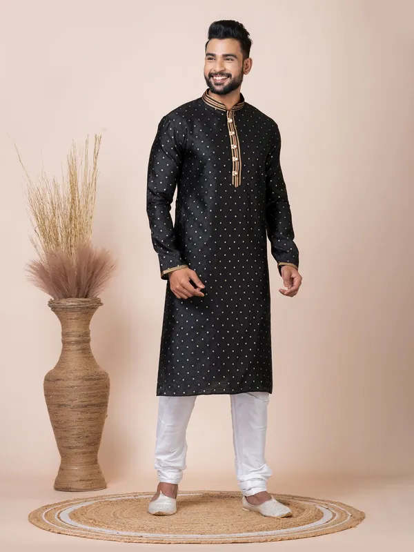 Black_Color_Classic_Self_Jacquard_Silk_Kurta_Pyjama_Set