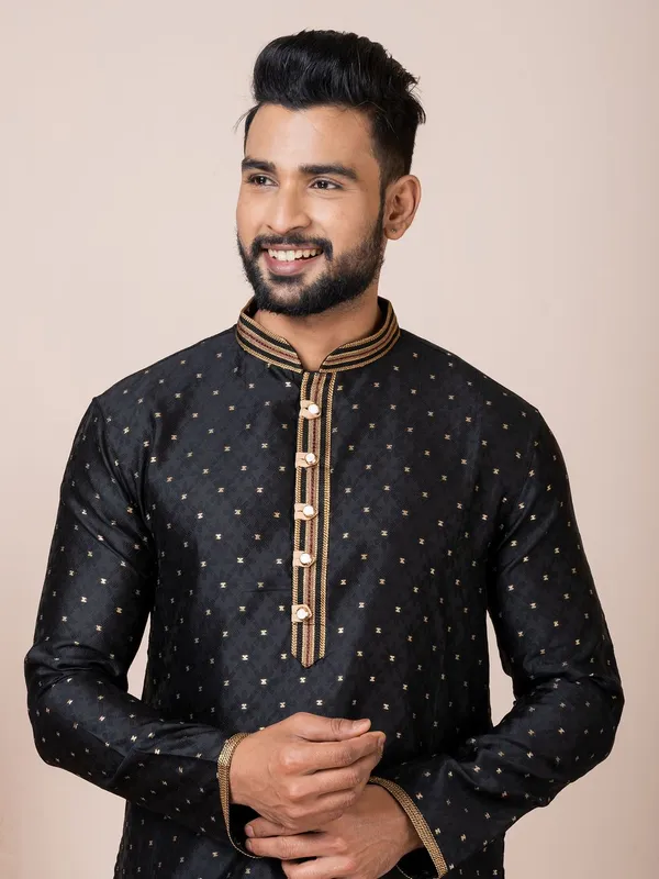 Black_Color_Classic_Self_Jacquard_Silk_Kurta_Pyjama_Set