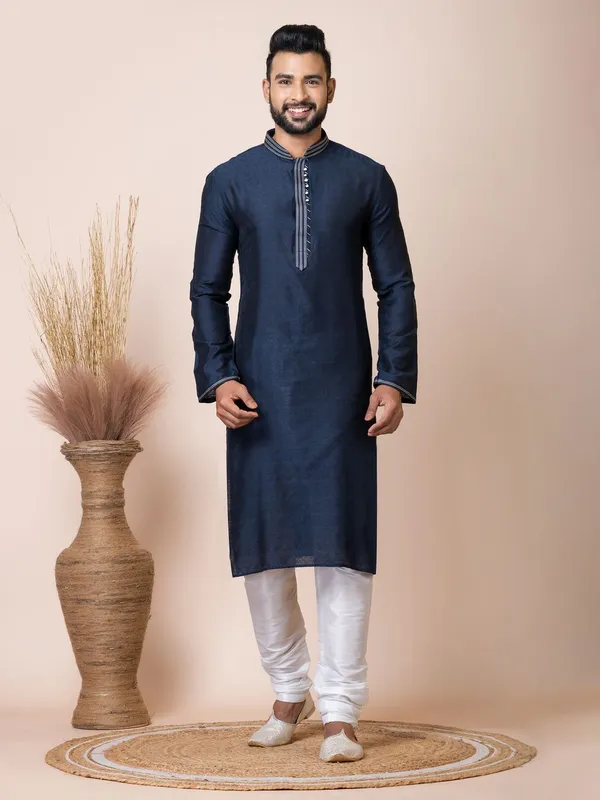 Navy_Blue_Color_Premium_Designer_Self_Jacquard_Silk_Kurta_Pyjama_Set