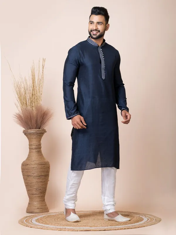 Navy_Blue_Color_Premium_Designer_Self_Jacquard_Silk_Kurta_Pyjama_Set