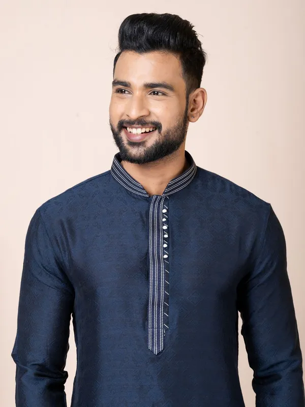 Navy_Blue_Color_Premium_Designer_Self_Jacquard_Silk_Kurta_Pyjama_Set