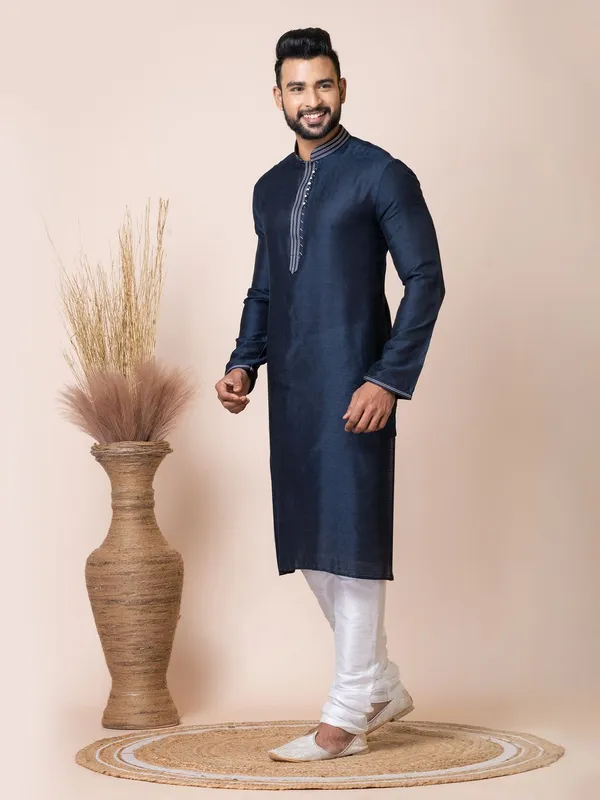Navy_Blue_Color_Premium_Designer_Self_Jacquard_Silk_Kurta_Pyjama_Set