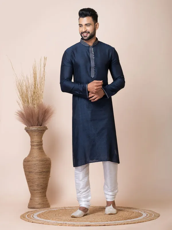 Navy_Blue_Color_Premium_Designer_Self_Jacquard_Silk_Kurta_Pyjama_Set