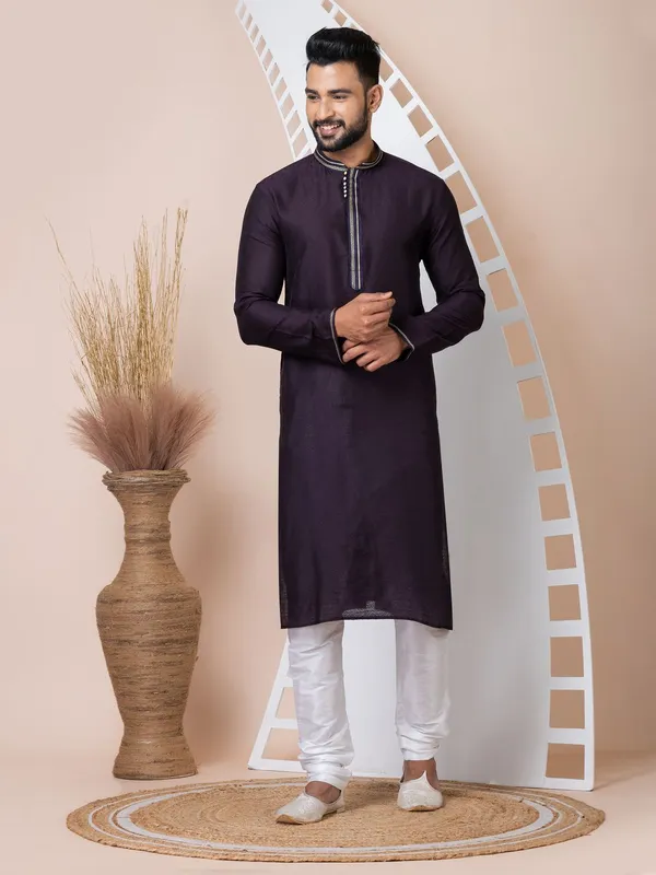 Violet_Color_Classic_Self_Jacquard_Silk_Kurta_Pyjama_Set