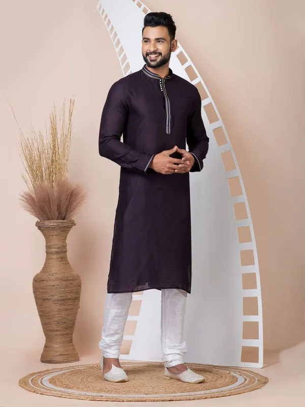 Violet_Color_Classic_Self_Jacquard_Silk_Kurta_Pyjama_Set