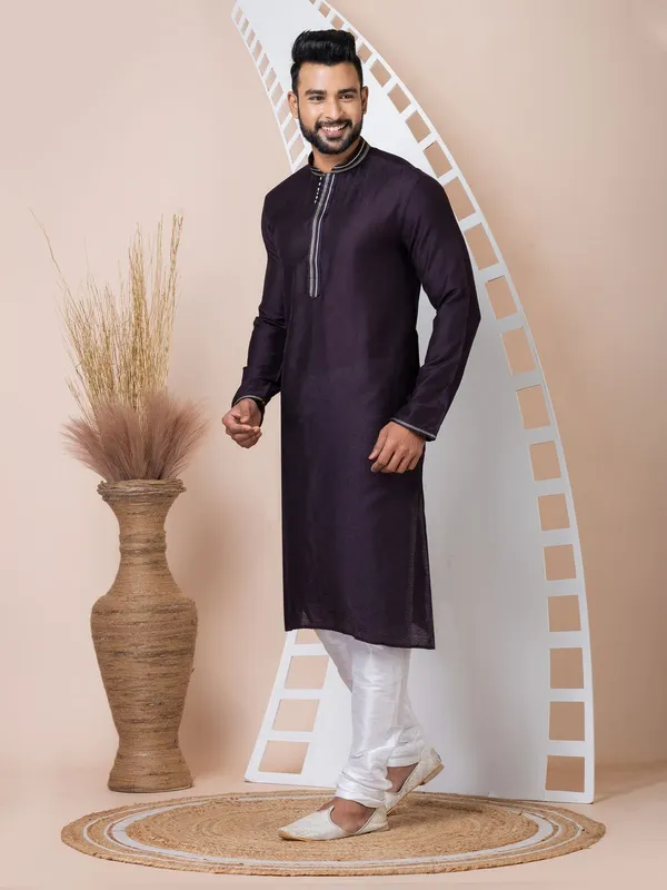 Violet_Color_Classic_Self_Jacquard_Silk_Kurta_Pyjama_Set