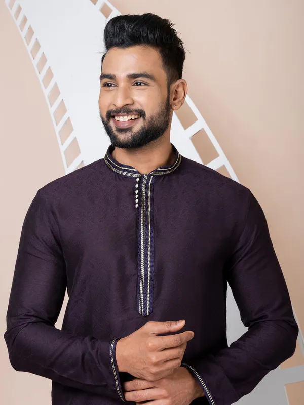 Violet_Color_Classic_Self_Jacquard_Silk_Kurta_Pyjama_Set