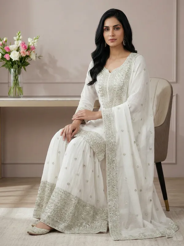 White_Premium_Elementary_Designer_Pure_Heavy_Chinnon_Silk_Readymade_Suit