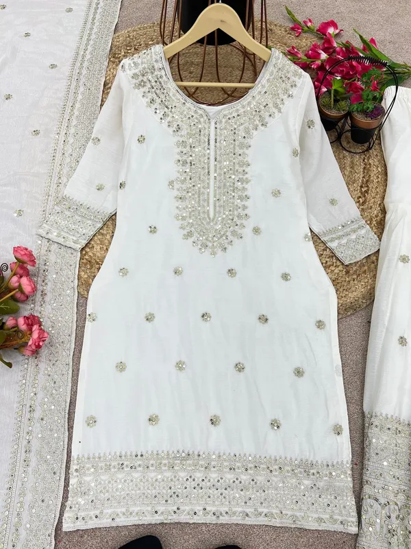 White_Premium_Elementary_Designer_Pure_Heavy_Chinnon_Silk_Readymade_Suit
