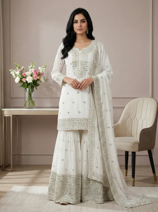 White_Premium_Elementary_Designer_Pure_Heavy_Chinnon_Silk_Readymade_Suit