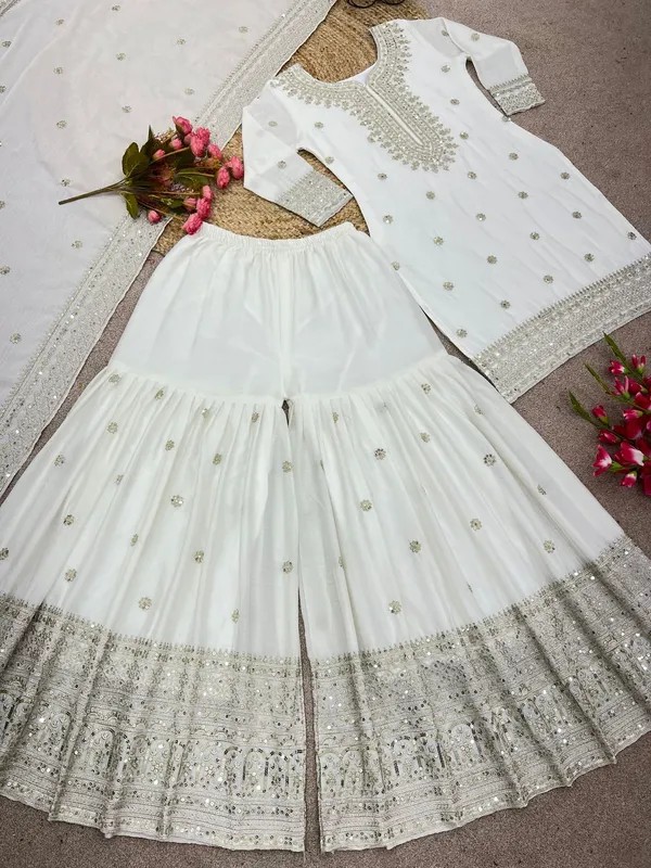 White_Premium_Elementary_Designer_Pure_Heavy_Chinnon_Silk_Readymade_Suit