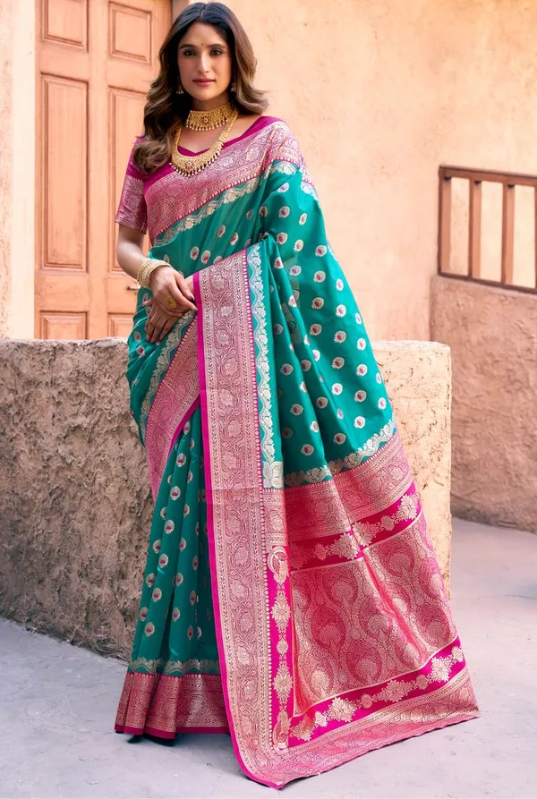 Rama_Silk_Designer_Party_Wear_Saree_With_Rani_Pink_Blouse_Default_Title