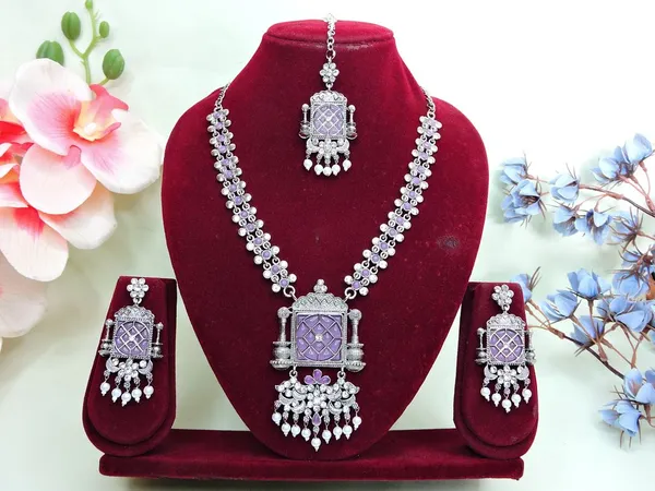 Silver_Lavender_Party_Wear_Designer_Oxidised_Alloy_Necklace_Set_Default_Title