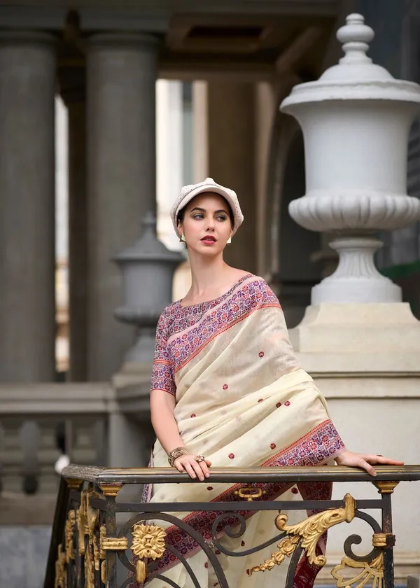 Cream_Traditional_Style_Designer_Linen_Cotton_Silk_Saree_Default_Title