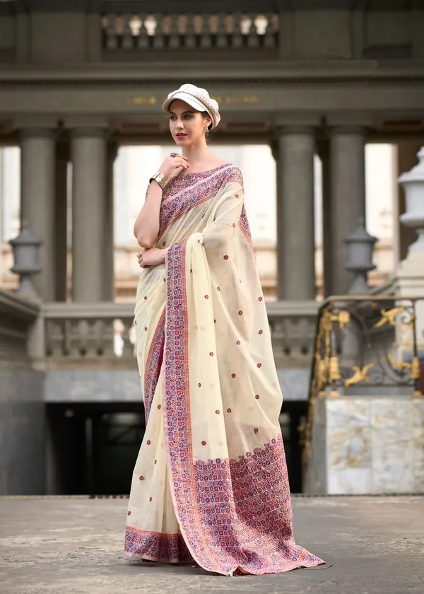 Cream_Traditional_Style_Designer_Linen_Cotton_Silk_Saree_Default_Title